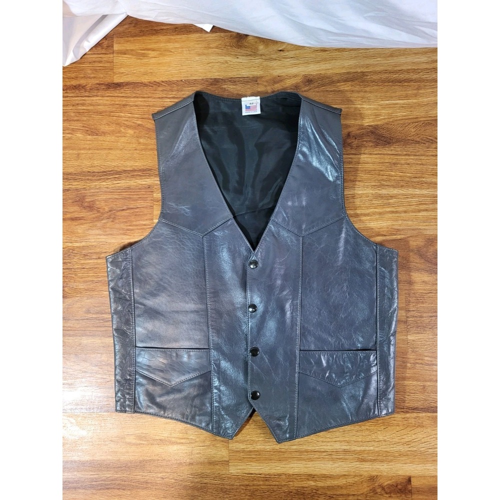 Vintage USA Mens‎ Gray Leather Size 42 Biker Vest